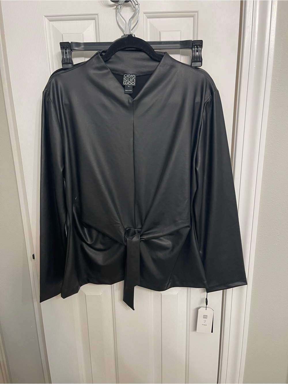 Clara Sunwoo Black Faux Leather Tie-Front Blouse